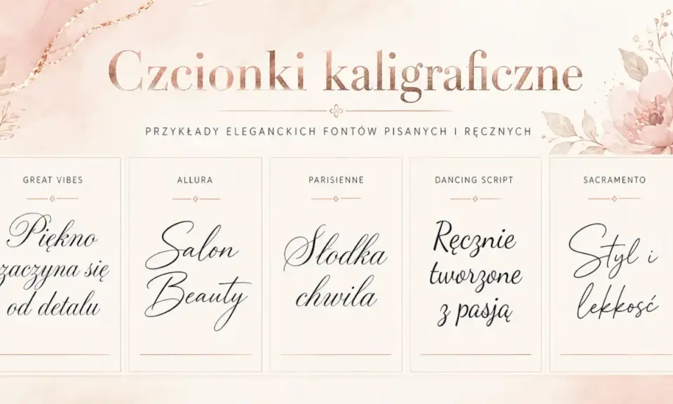 Przykłady eleganckich fontów pisanych: "Piękno zaczyna się od detalu", "Salon Beauty", "Słodka chwila", "Ręcznie tworzone z pasją", "Styl i lekkość". Każdy to piękna czcionka ozdobna.