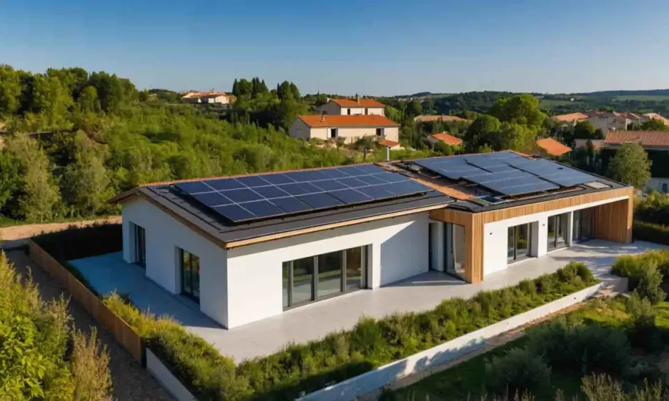 Une **petite maison passive** moderne avec des panneaux solaires sur le toit, entourée de verdure et de collines.