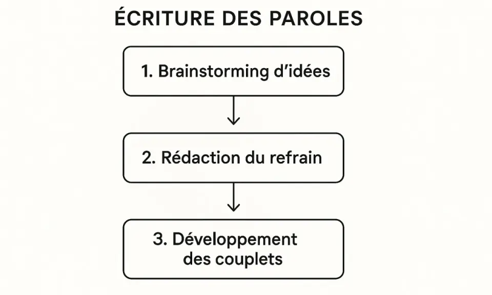 Schéma de l'écriture des paroles : brainstorming d'idées, rédaction du refrain, puis développement des couplets.