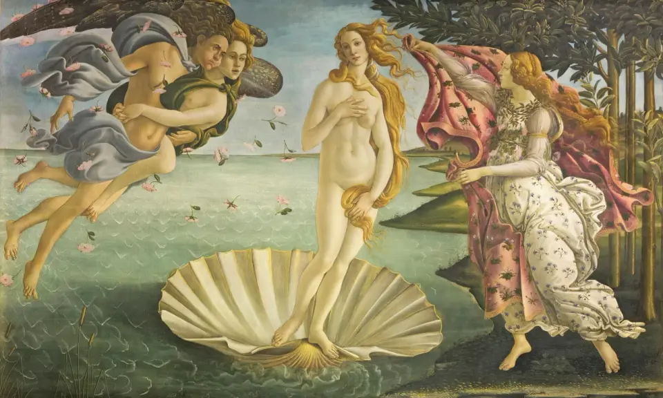 La Nascita di Venere agli Uffizi: Venere su una conchiglia, spinta da Zefiro e Aura, accolta da una ninfa.