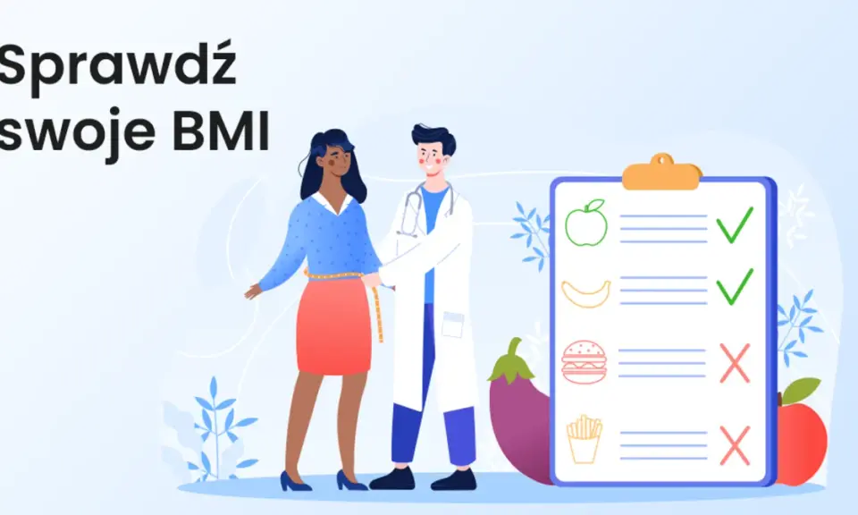 Lekarz mierzy talię pacjentki, obok lista z produktami i zaznaczone zdrowe wybory. Sprawdź swoje BMI i jego granice.