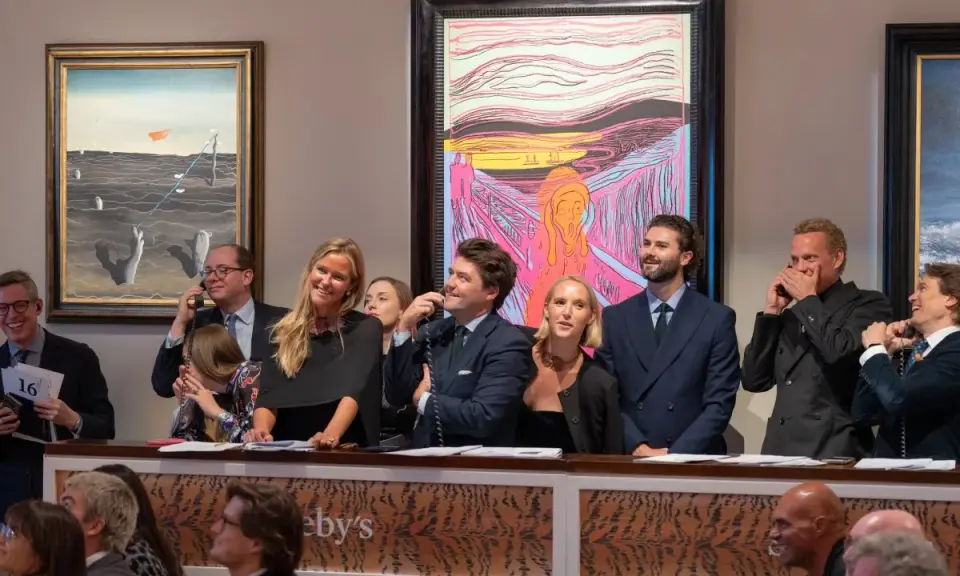 Bidders at Sotheby's and Christie's auctions engage in lively bidding wars, with a vibrant rendition of "The Scream" and other artworks as backdrops.