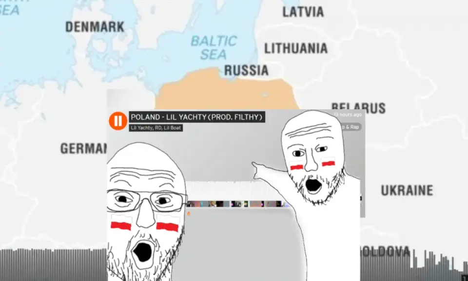 Dwaj Polacy z flagami na twarzach reagują na "Lil Yachty Poland". Mapa Europy w tle.