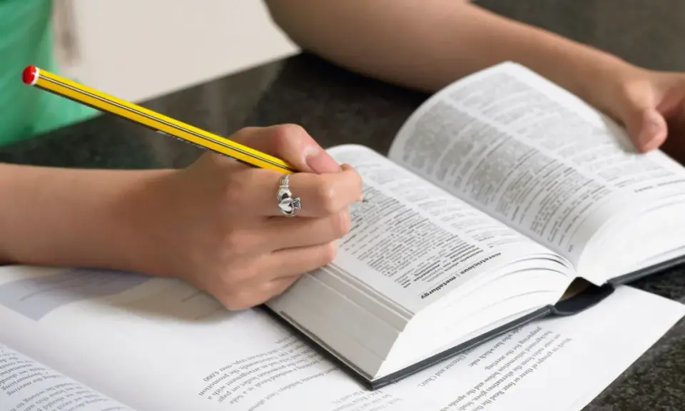 Mani che studiano un dizionario, scrivendo con una matita. Scoprire parole italiane affascinanti è un viaggio.