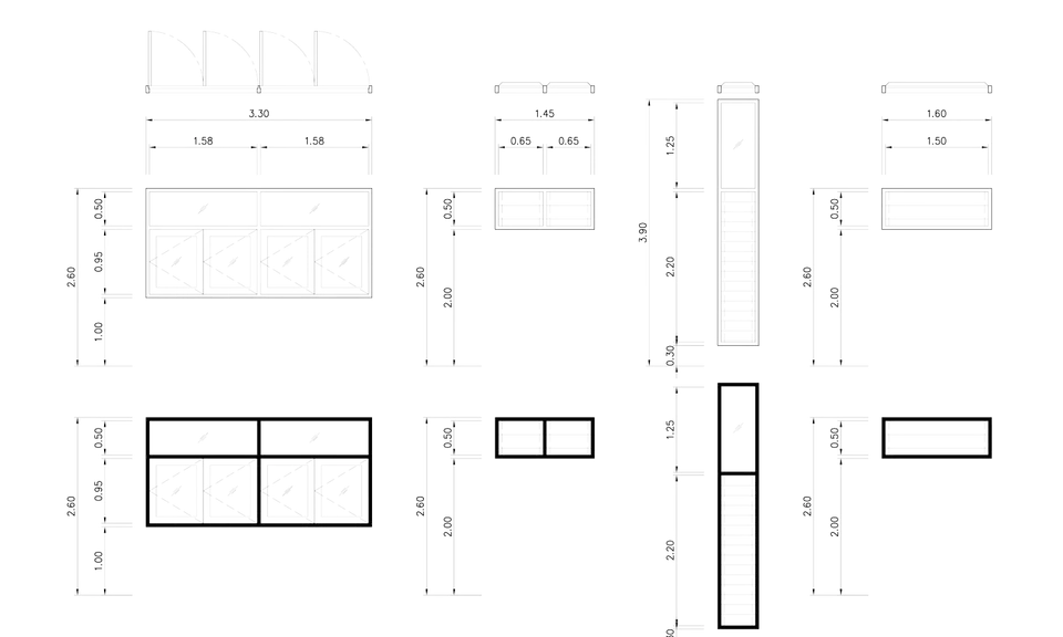 Planos de ventanas con diferentes medidas estandar. Se muestran vistas frontales y laterales con cotas.