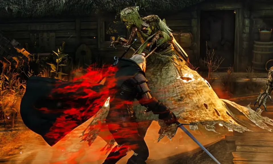 Geralt walczy z upiorem w płomieniach, to trudne zadanie poboczne.