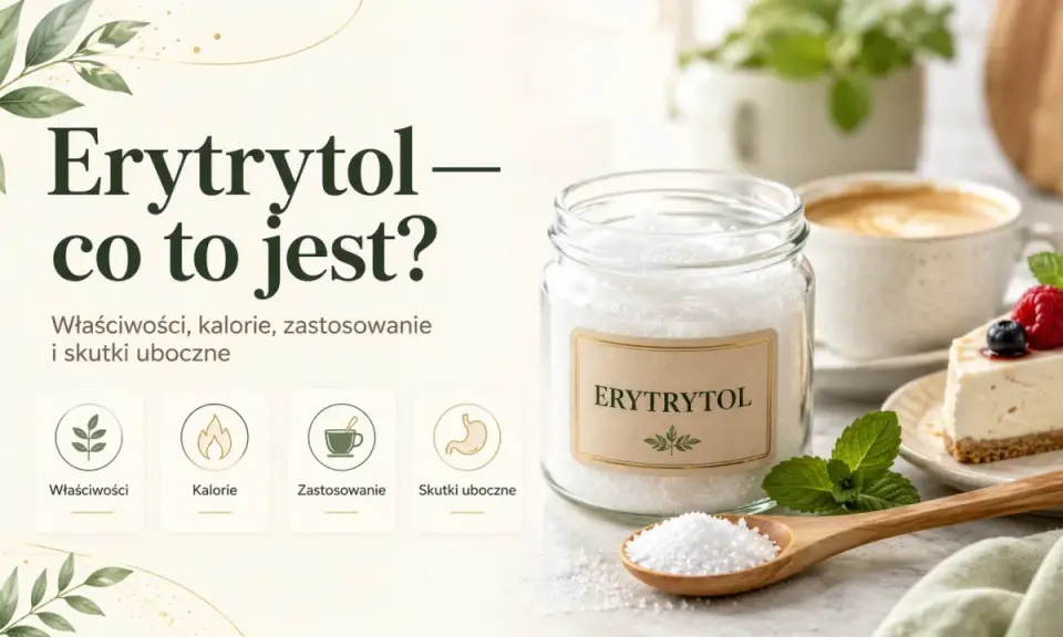 Słoik erytrytolu, łyżka z kryształkami, kawa i sernik z owocami.