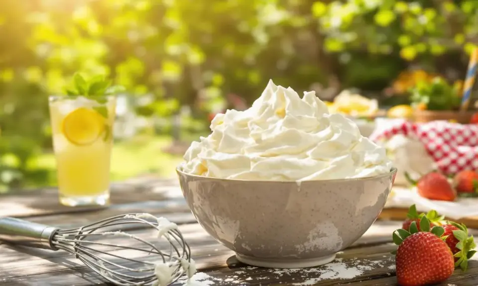 Crème chantilly aérienne et généreuse dans un bol, prête pour un dessert d'été. Une boisson fraîche et des fraises complètent ce tableau gourmand.
