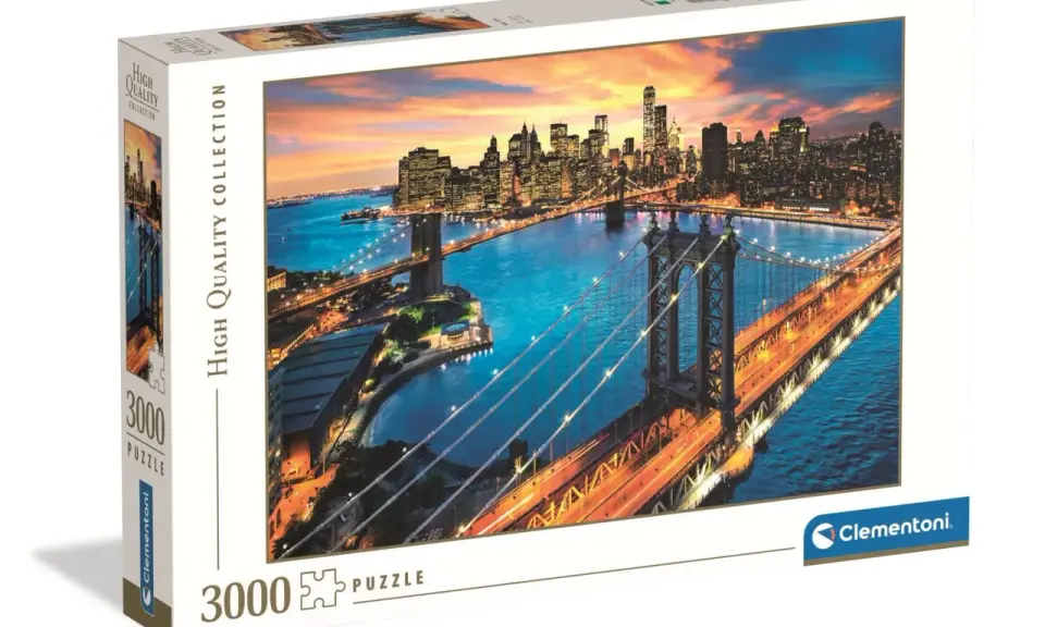 Puzzle 3000 wymiary: nocny widok Manhattanu z mostami i drapaczami chmur w zachodzącym słońcu.
