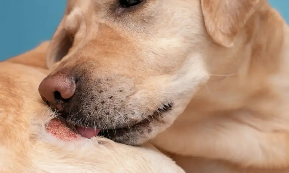 Un chien se lèche une plaie. Recherche d'un traitement naturel pour cette plaie de léchage chien.