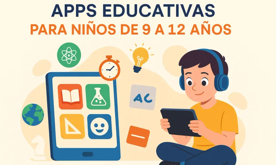 Un niño con auriculares usa una tablet rodeado de iconos que representan aplicaciones educativas para niños.