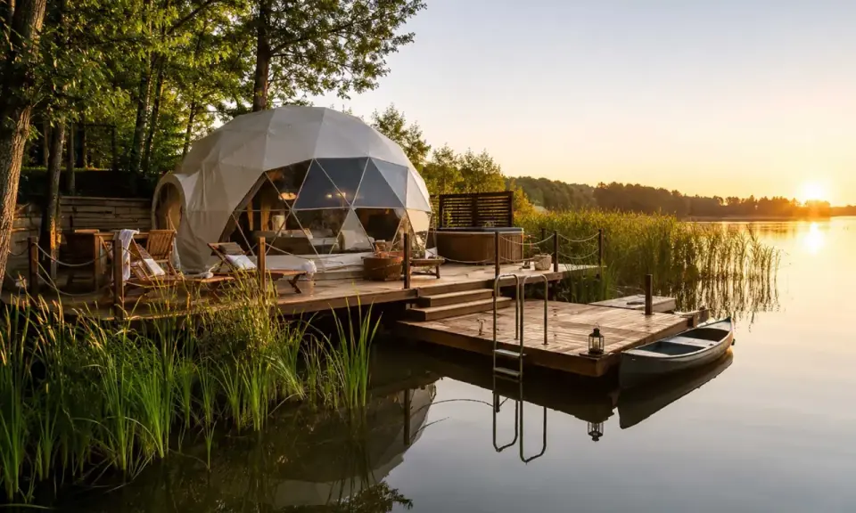 Domek w stylu aloha camp nad jeziorem, z jacuzzi i łódką przy pomoście. Zachód słońca.