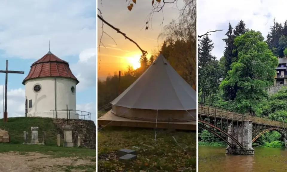 Romantyczne miejsca Dolny Śląsk: kaplica na wzgórzu, namiot glampingowy o zachodzie słońca, zabytkowy most nad rzeką.
