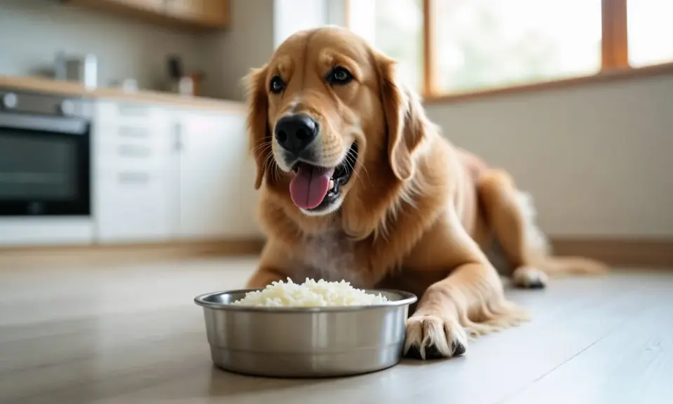 Złoty retriever leży obok miski z ryżem, zastanawiając się, czy pies może jeść ryż.