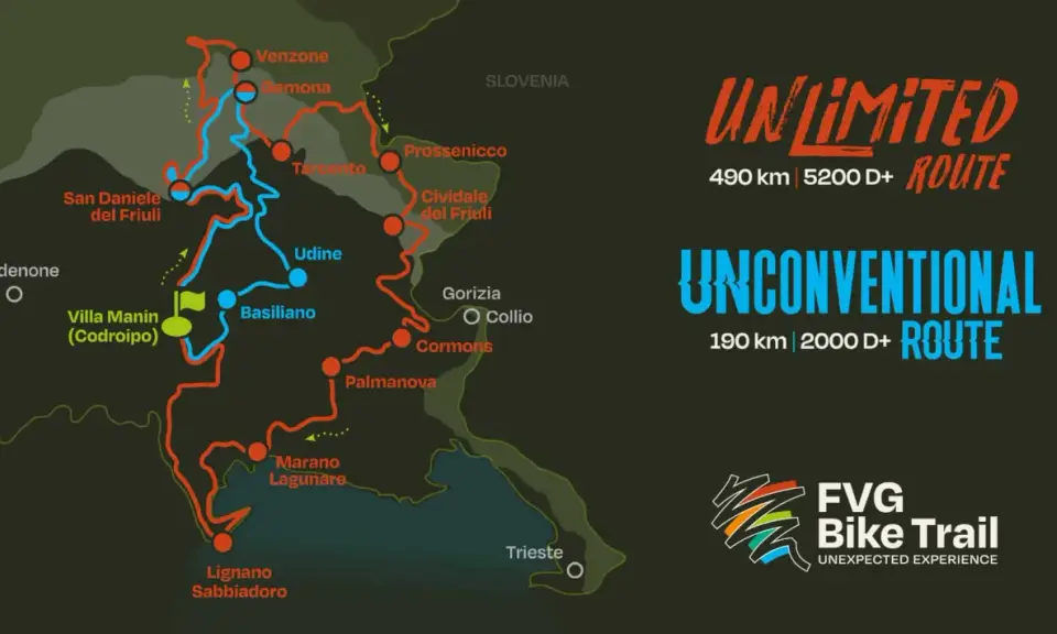 Mappa del FVG Bike Trail con due percorsi: Unlimited (490 km) e Unconventional (190 km).