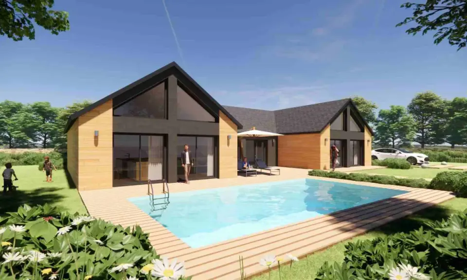 Maison moderne avec piscine et jardin, un exemple d'habitat bioclimatique.