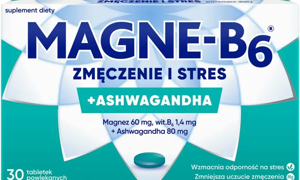 Magne b6 na co pomaga? Opakowanie suplementu diety Magne-B6 z ashwagandhą, wskazane na zmęczenie i stres. 30 tabletek.