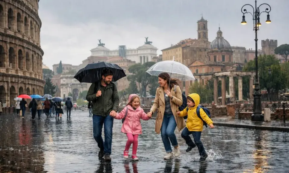 Famiglia felice sotto la pioggia a Roma, con il Colosseo sullo sfondo. Un'idea su cosa vedere a Roma quando piove: godersi la magia della città anche con l'ombrello!