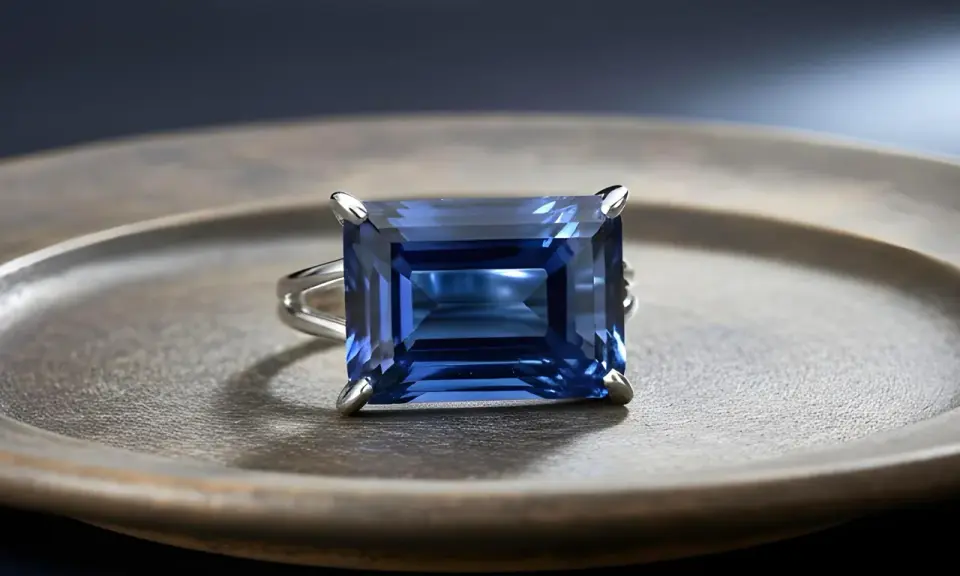 Anello con un magnifico zaffiro blu rettangolare, incastonato su un piatto metallico.