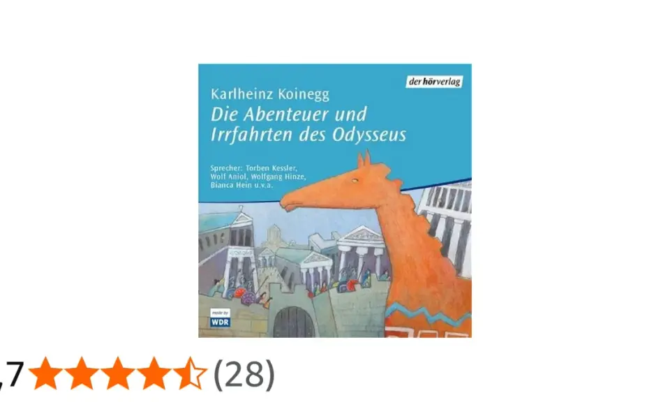 Hörbuchcover: Karlheinz Koineggs "Die Abenteuer und Irrfahrten des Odysseus" mit einem stilisierten Trojanischen Pferd vor antiken Gebäuden.