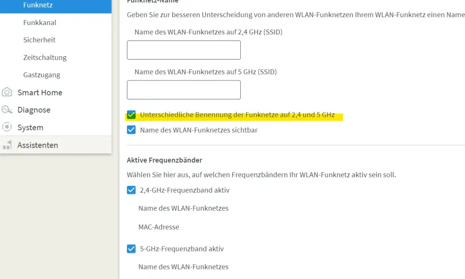 Einstellungen für WLAN-Funknetze: Hier können Sie das 5ghz wlan einstellen und die Namen für 2,4 und 5 GHz Funknetze festlegen.