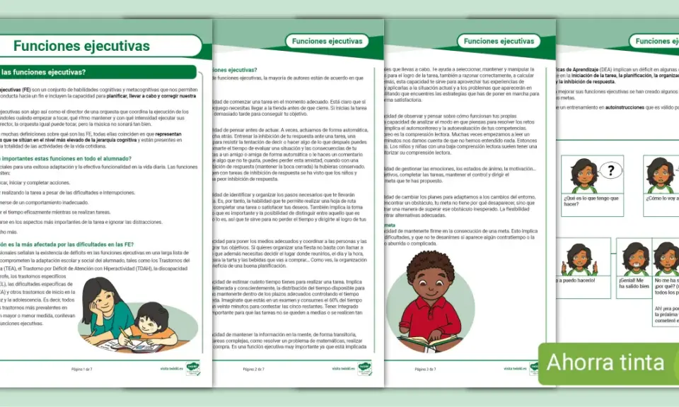 Ilustración sobre funciones ejecutivas en niños, con viñetas que explican qué son y su importancia.