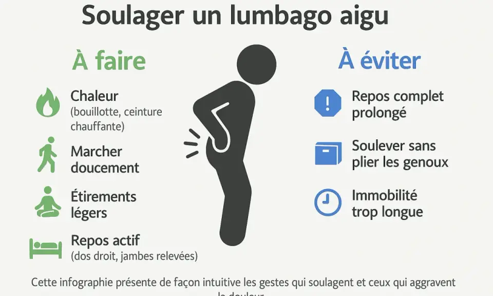 Conseils pour soulager un lumbago aigu : chaleur, marche douce, étirements légers, repos actif. Éviter le repos prolongé, soulever sans plier les genoux, et l'immobilité. Utile après un lumbago accident de travail.