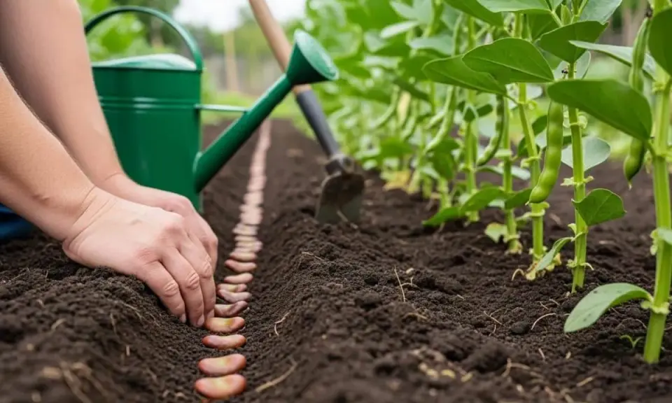 Mains plantent des fèves dans la terre, une ligne de graines prête à germer. Arrosoir vert et plants de fèves en arrière-plan.