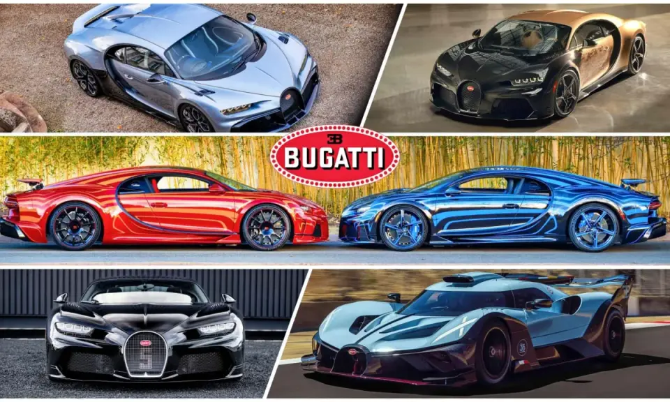 Bugatti Chiron PS: Ein silberner, ein gold-schwarzer, ein roter und ein blauer Chiron stehen für pure Leistung. Unten ein schwarzer Chiron und ein futuristisches Rennauto.