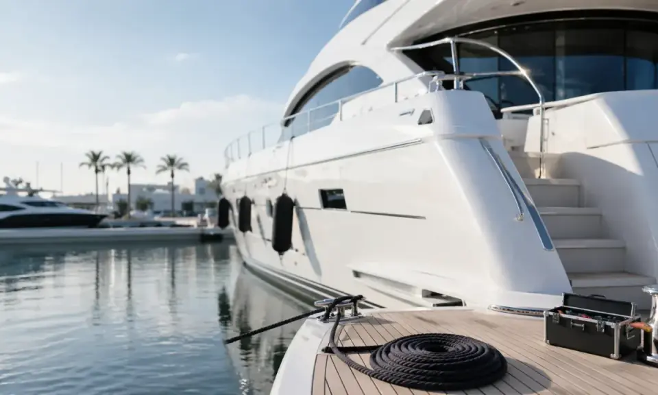 Yacht de luxe amarré, prêt pour l'aventure. Le coût d'entretien d'un bateau de 15 mètres inclut le plaisir de tels moments.