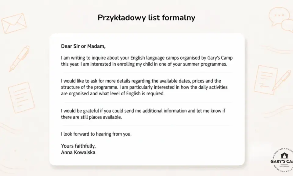 Przykładowy list formalny pokazuje, jak napisać list po angielsku do obozu Gary's Camp, pytając o szczegóły programu.