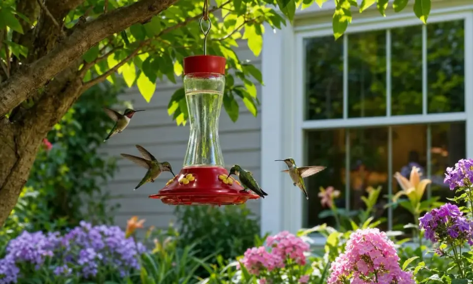 Quatre colibris s'approchent d'un abreuvoir rouge vif, entouré de fleurs colorées. Un colibri boit, un autre attend son tour, et deux autres volent autour.