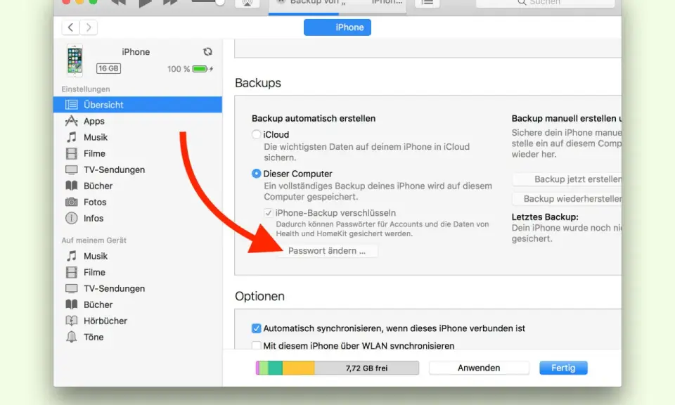 Bildschirmfoto zeigt die Einstellungen für ein iPhone-Backup. Ein roter Pfeil weist auf die Option "Passwort ändern", falls Sie Ihr iPhone Backup Passwort vergessen haben.