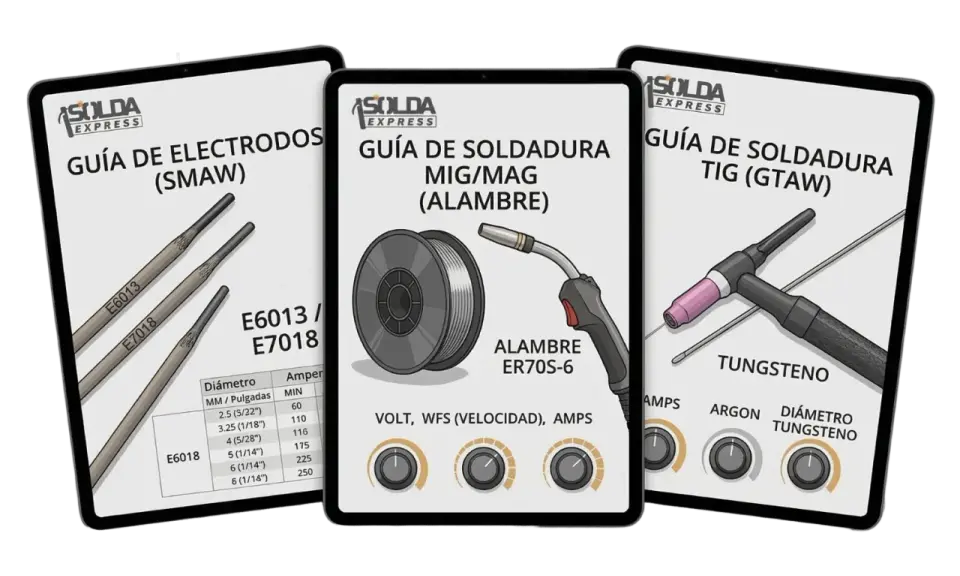 Guía de soldadura con electrodos (SMAW) muestra una tabla de amperaje para soldar.