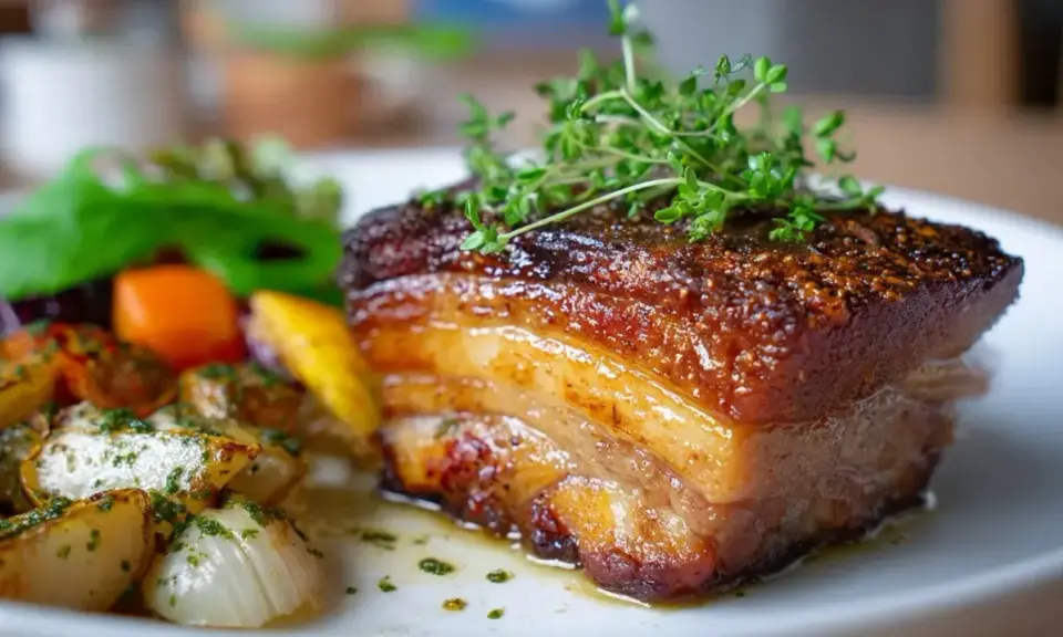 Knusprig gebratenes Bauchfleisch mit Kräutern garniert, serviert mit geröstetem Gemüse.