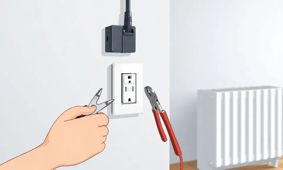 Main tenant modifie une prise électrique pour la transformer en prise radiateur, avec des pinces et un adaptateur.
