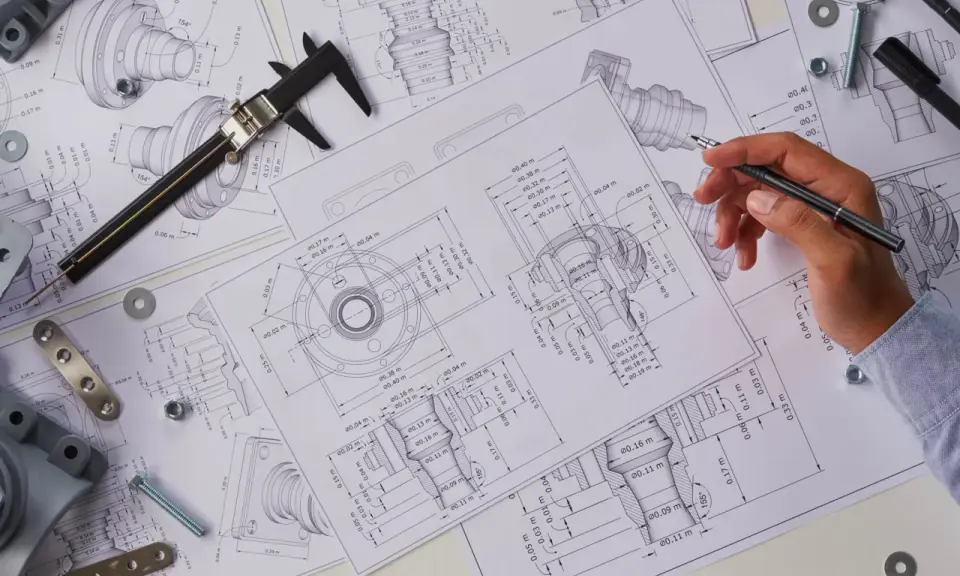 Un disegnatore meccanico cosa fa: studia disegni tecnici con misure precise, usando calibro e penna per progettare componenti meccanici.