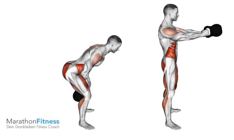 Anatomische Darstellung eines Mannes, der Kettlebell schwingen ausführt. Die Muskeln sind hervorgehoben.