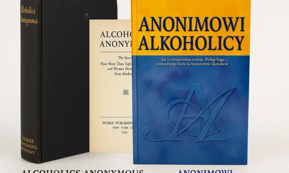 Trzy książki: czarna z napisem "Alcoholics Anonymous", kremowa z tekstem "Alcoholics Anonymous" i niebiesko-żółta z tytułem "Anonimowi Alkoholicy".