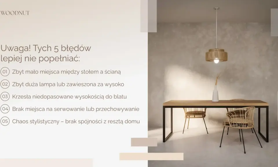 Minimalne **miejsca na stół z krzesłami** w jadalni. Unikaj błędów: za mało przestrzeni, zła lampa, niedopasowane krzesła, brak miejsca na serwowanie, chaos stylistyczny.
