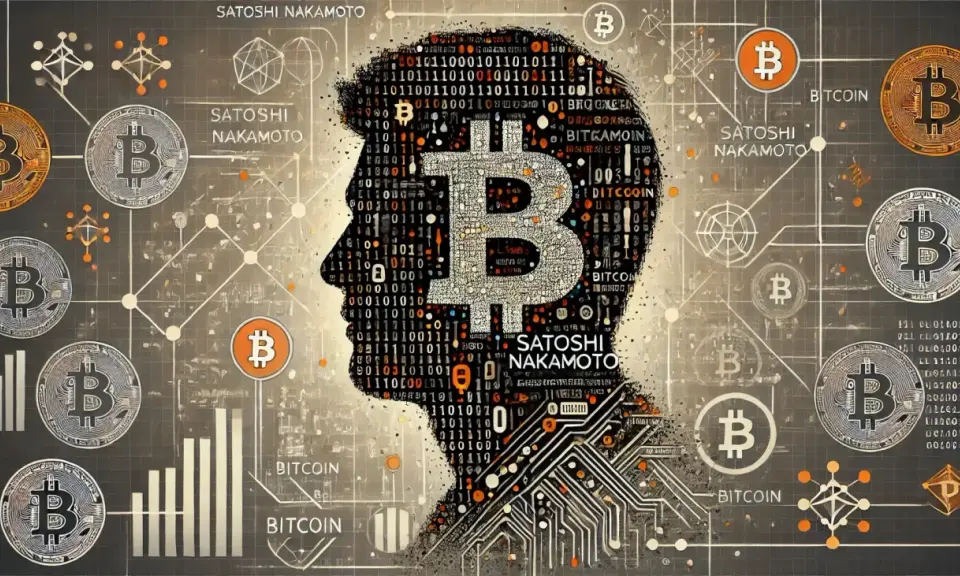 Sylwetka głowy wypełniona kodem binarnym i symbolem Bitcoina, z napisem "Satoshi Nakamoto" i monetami Bitcoin.