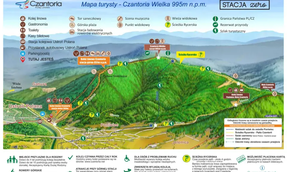 Mapa turystyczna Czantorii z zaznaczonymi szlakami, kolejką linową i atrakcjami.