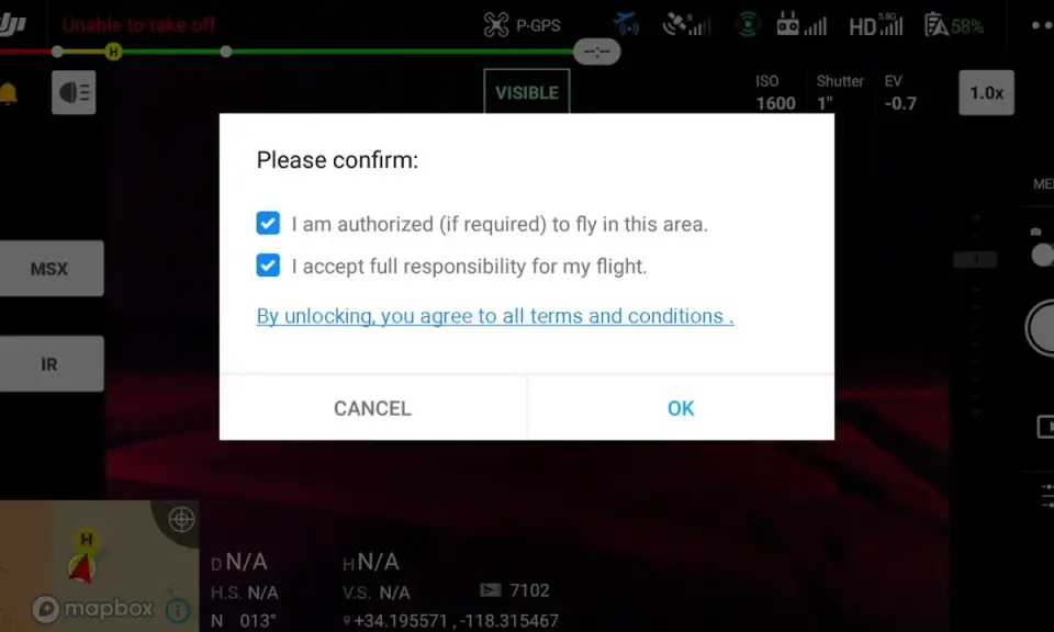 Bestätigung zum dji geo zone freischalten: autorisiert, Verantwortung übernehmen. Durch Freischalten stimmst du den Bedingungen zu.