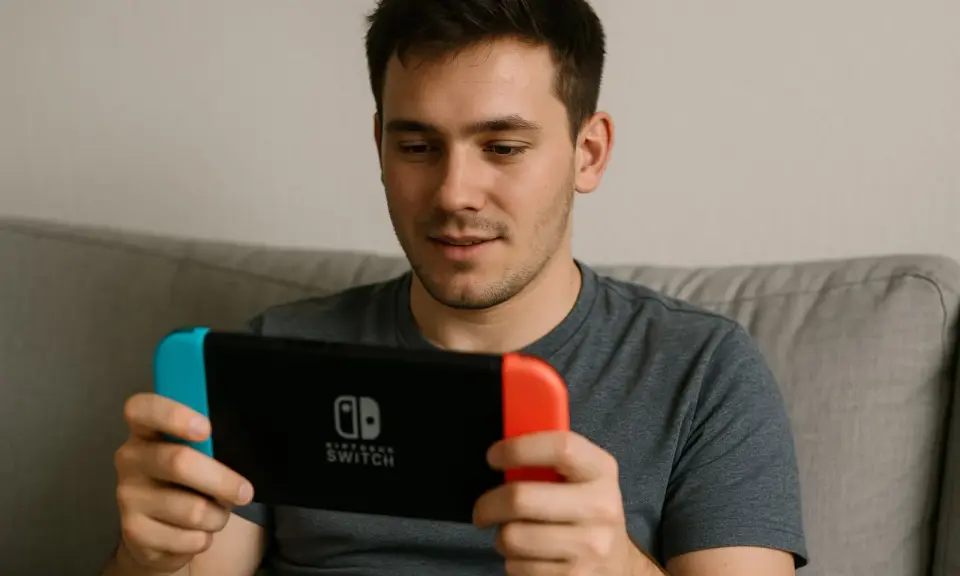 Mężczyzna gra na konsoli Nintendo Switch, szukając najlepszych gier na Switch.