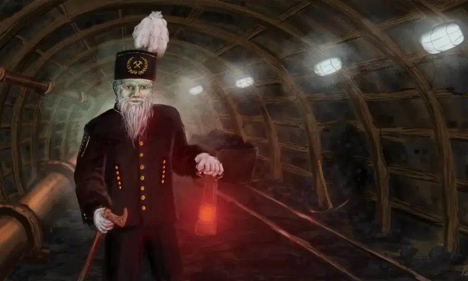 Opiekuńczy duch kopalni, z latarką w dłoni, czuwa nad górnikami w ciemnym tunelu.