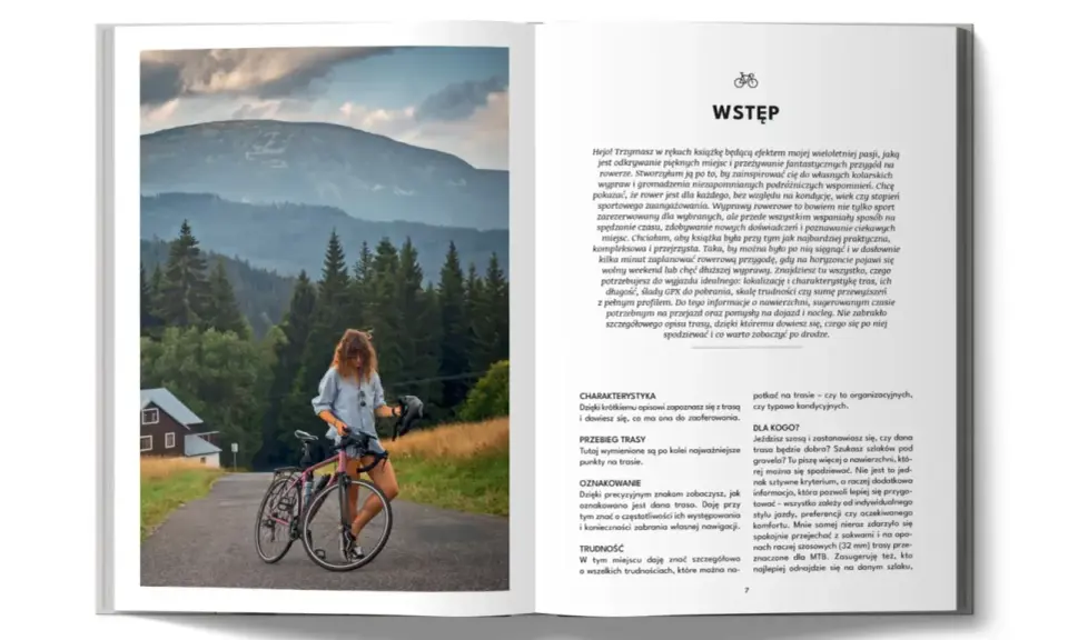 Kobieta z rowerem na tle górskiego krajobrazu. Idealne miejsce na **trasę rowerową Hel**.