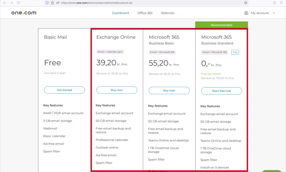 Comparatif des offres email : Basic Mail gratuit, Exchange Online à 39,20 kr./mois, et Microsoft 365 à partir de 0 kr. le 1er mois.