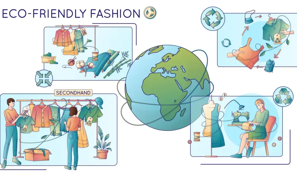 Illustrazione che mostra l'economia circolare nella moda: abiti di seconda mano, riciclo e sartoria.