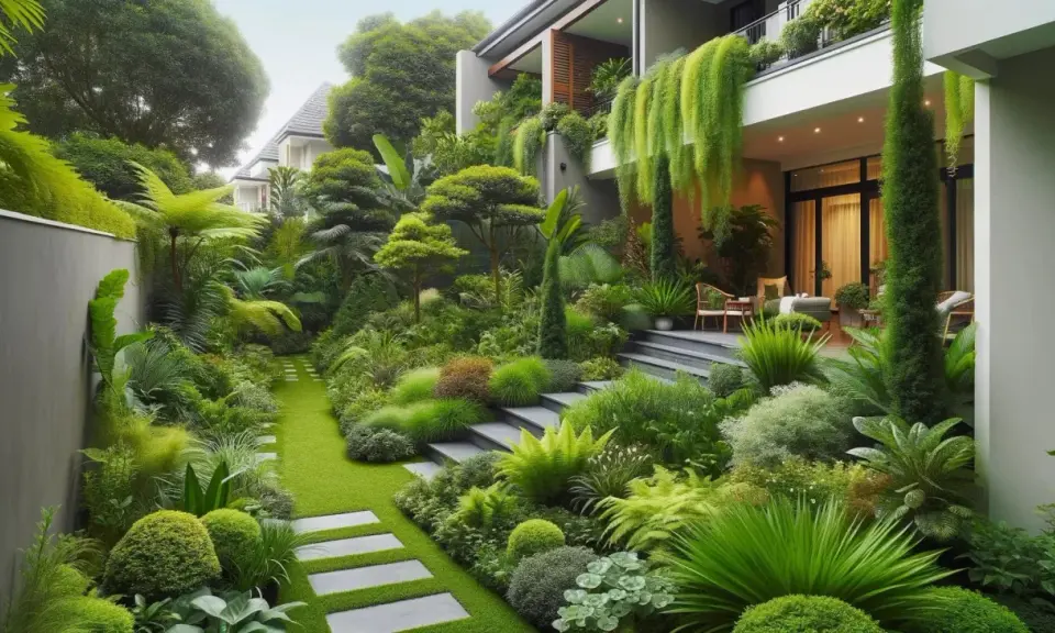 Magnifique aménagement terrasse devant maison, un jardin luxuriant avec des allées en gazon, des marches en pierre et une végétation dense et variée.