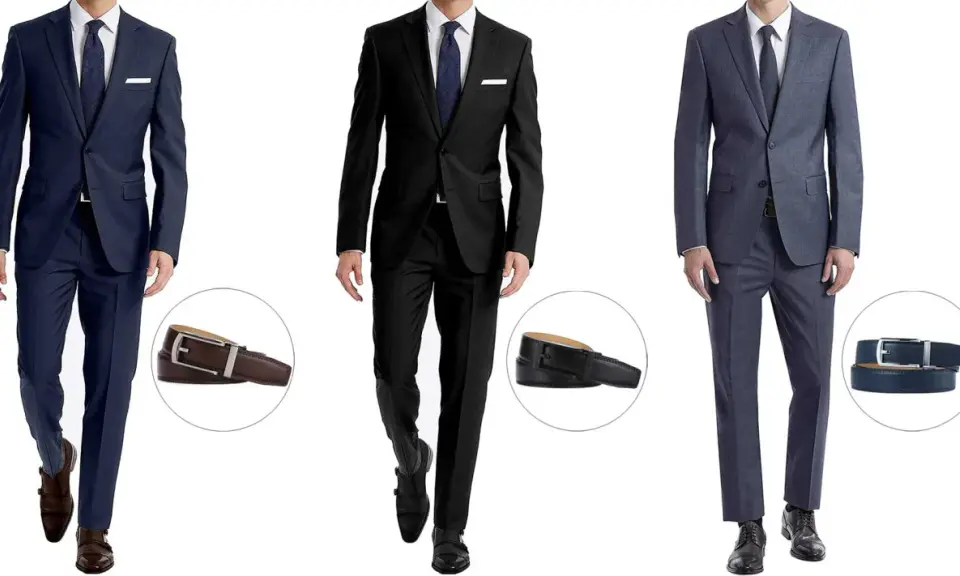 Three men in suits: navy, black, and grey. Each suit is shown with a matching belt.